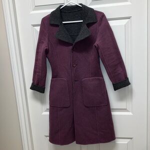 Reversible Vintage wool coat in gray and burgundy, fitted, French designer, M